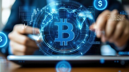 Fototapeta premium Exploring cryptocurrency trends in the digital economy global market infographic virtual environment close-up view blockchain concept