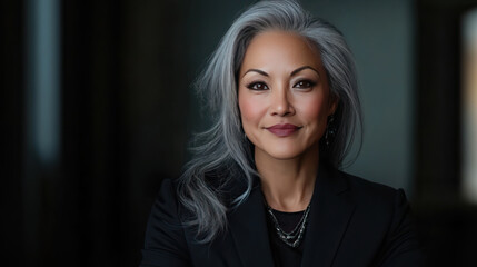 Fototapeta premium A confident businesswoman in a black suit standing in a modern office environment