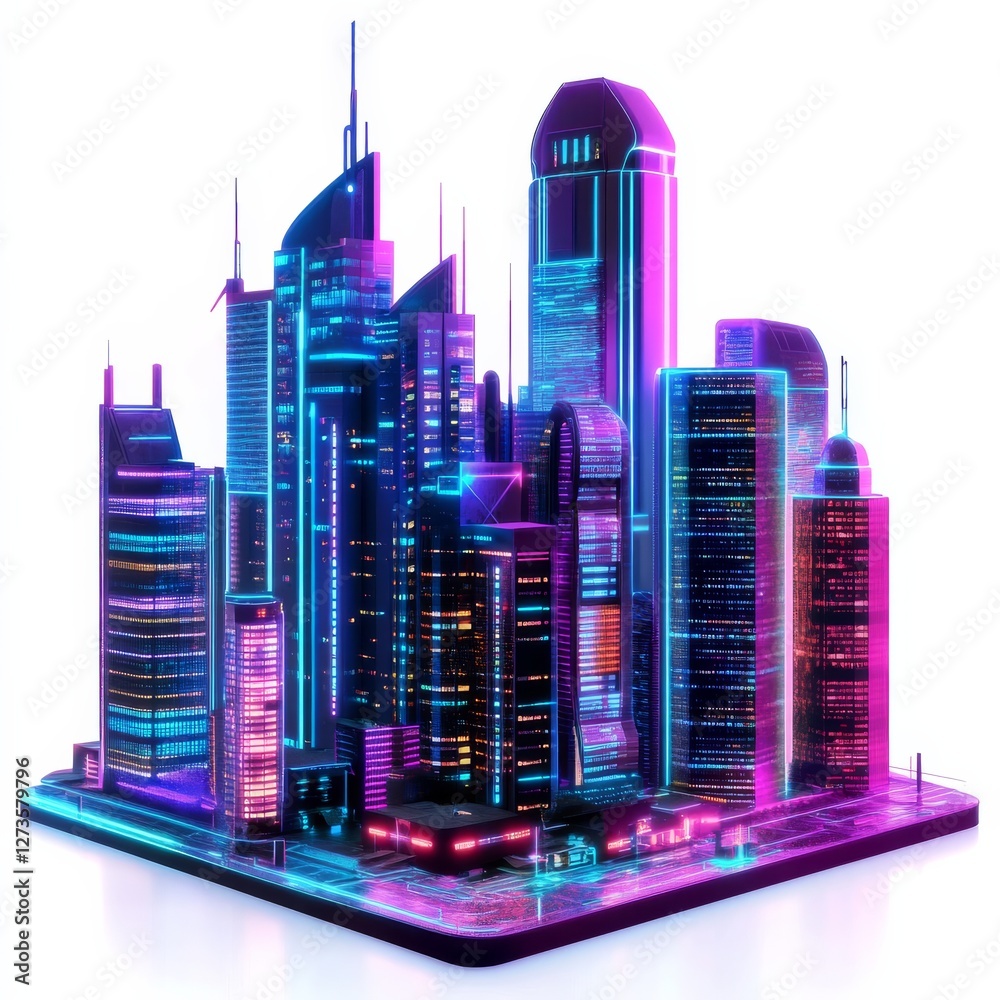 Poster neon metropolis: a cyberpunk vision of a futuristic cityscape illuminated in vibrant hues and sleek 