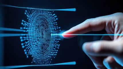 Innovative technology action digital fingerprint recognition modern office high-tech environment close-up view cybersecurity concept