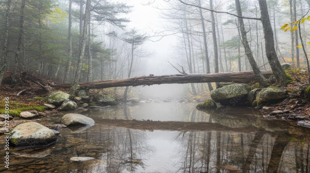 Aufkleber Foggy forest scene features a fallen log over a stream