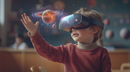 Young child wears VR headset showing planets, inspiring imagination and learning. Ideal for education, technology, and future-themed content.
