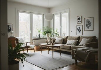 Fototapeta premium Minimalist Living Room Interior Design, Generative AI image, Scandinavian Style Living Room with White Sofa, Generative AI image