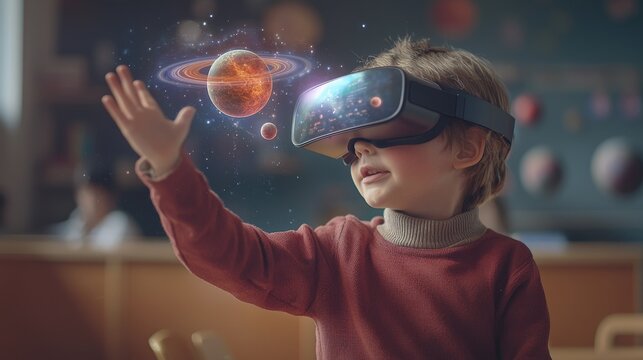 Young child wears VR headset showing planets, inspiring imagination and learning. Ideal for education, technology, and future-themed content.