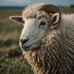 A sheep with floppy ears tilted slightly to one side.