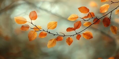 Dreamlike close-up of an orange-leafed branch; blurred foliage creates a soft glow amidst delicate twigs. Each leaf dances with gentle intricacy, casting a warm, ethereal ambiance.  
