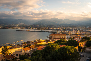Obraz premium Milazzo, Sicily, Italy. Panorama of the city at sunset