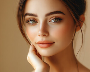 Naklejka premium A close-up portrait of a beautiful young woman with soft features.