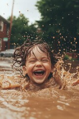 Obraz premium Joyful child playing splashing muddy puddle outdoor on the street. Fun activity