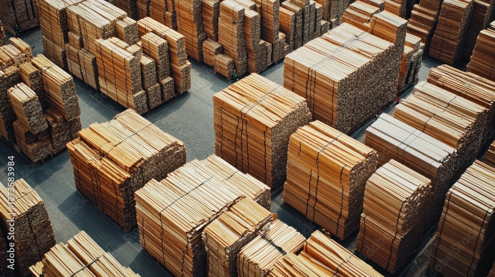 Aufkleber Lumber stacks arranged symmetrically on a warehouse floor pattern