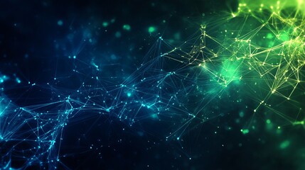 Futuristic blue and green digital network lines forming abstract technology grid