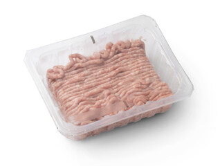 Minced meat in plastic packaging isolated on transparent background