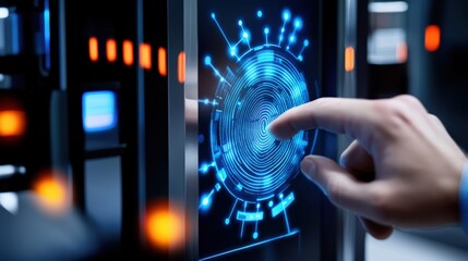 Innovative fingerprint scanning technology modern office digital security interface futuristic environment close-up view identity verification concept