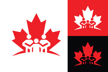 The image shows a logo design of a three abstract people and a Canadian maple leaf in red and white color that looks clean and fresh on a white background