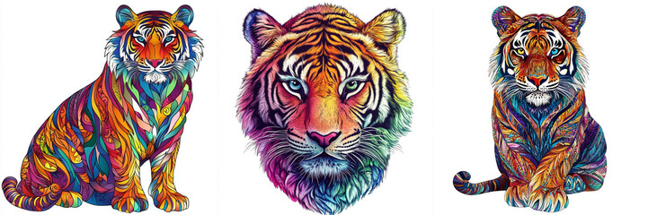 Set of A colorful tiger head with white background