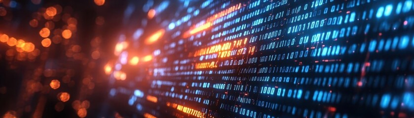 Obraz premium Blockchain ledger display in sleek finance setting, glowing data lines, high-tech background, digital art style