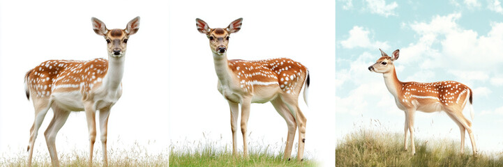 Set of a deer standing in a grassy field, European fallow deer female isolated on a transparent background
