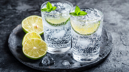Fototapeta premium Refreshing lime drink with mint served on a rustic slate.