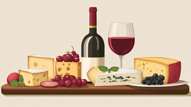 cheese, wine, grapes, and fruit on a board clip art preview