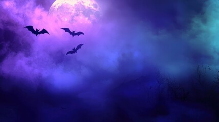 Bats fly silhouetted against a bright full moon and mystic blue clouds, evoking a sense of mystery. Perfect for Halloween, horror or dark fantasy themes.