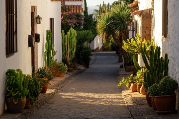 Fototapeta premium Charming cobblestone street view, white walls, potted cacti, bright sunshine day