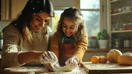 Baking Bliss: A mother and daughter share a heartwarming moment, engrossed in the joy of baking together in a bright, homey kitchen. capturing the simple pleasures of family life.