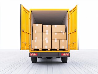Open Yellow Delivery Van Loaded with Cardboard Boxes and Pallets for Shipping on a White Background