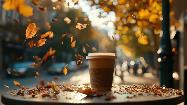 Steaming coffee cup amid falling autumn leaves. Representing seasonal warmth and cozy moments, perfect for lifestyle and seasonal marketing.