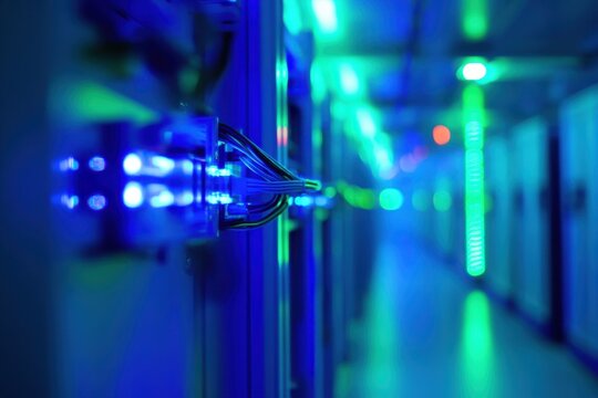 Data privacy focus exploring high-tech secure server room with blue and green lighting technology environment innovative concepts in data security