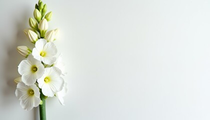 Fototapeta premium Minimalist floral arrangement of single white delphinium flower on white background with copy space