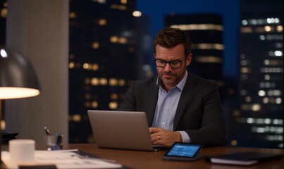 Obraz premium Businessman works late, city view