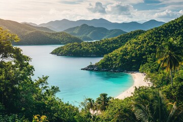 Obraz premium Secluded tropical beach cove, turquoise water, lush green hills. Vacation travel poster