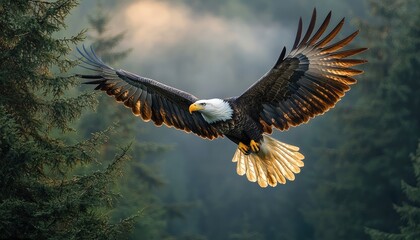 Obraz premium Majestic Bald Eagle Soaring Through Forest