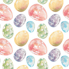 Multi-colored Easter painted eggs watercolor seamless pattern isolated on white background