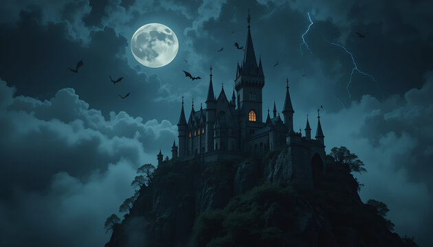 Haunted Gothic Castle Under a Full Moon