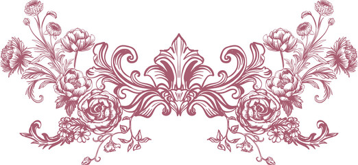 Botanical line illustration (composition) in toile de jouy style on transparent background. Digital contour illustration in vintage style for branding, advertising, wedding design.