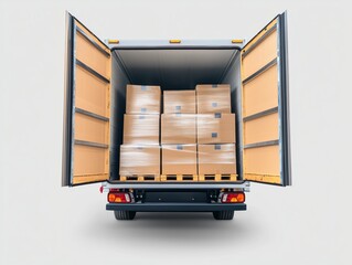 Open White Cargo Truck with Loaded Cardboard Boxes on Wooden Pallets Inside a Spacious Warehouse