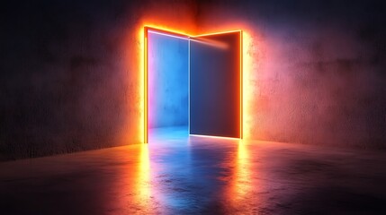 Neon Lit Doorway In A Dark Room