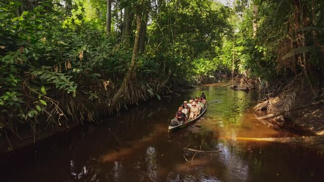 Tourists paddling narrow, shadowy river channel, dense rainforest canopy overhead, vibrant greenery surrounding small boat gliding through Amazon wilderness
