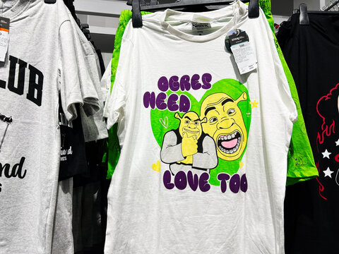 Lviv, Ukraine - February 16, 2025: Graphic T-shirt with Shrek design displayed in a retail store setting