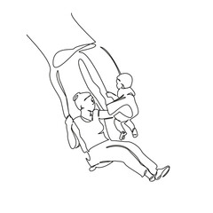 One continuous single drawing line art flat doodle child, mother, swinging, swing, outdoors, fun. Isolated image hand draw contour on a white background, hand drawn, not AI