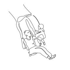 One continuous single drawing line art flat doodle child, mother, swinging, swing, outdoors, fun. Isolated image hand draw contour on a white background, hand drawn, not AI