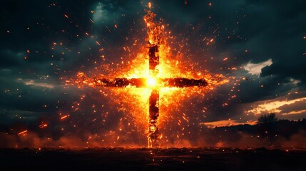 A fiery cross explodes against a dramatic sky, symbolizing power and intensity. Perfect for themes of faith, spirituality, and transformation.