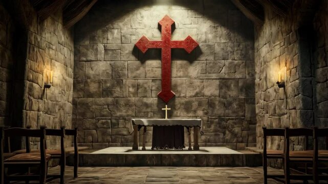 A medieval stone templar chapel interior with a red cross on the wall, an altar, and chairs in front of it, with dim lighting
