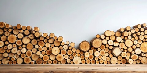 A rustic arrangement of stacked wood logs against a neutral backdrop, ideal for interior design concepts or autumnal themes.