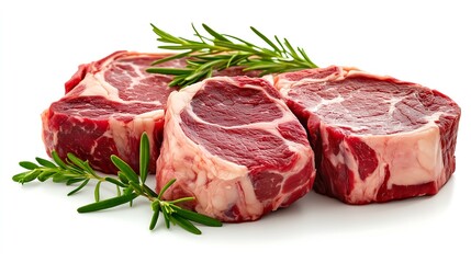 Fototapeta premium Raw Ribeye steaks with herbs and oil isolated on white background, rustic style. high-resolution, macro shot