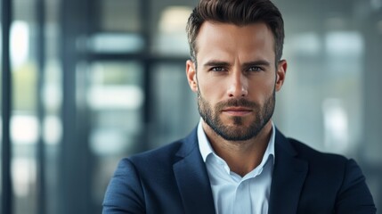 Fototapeta premium Focused professional in business attire embodies determination and expertise in a modern work environment.