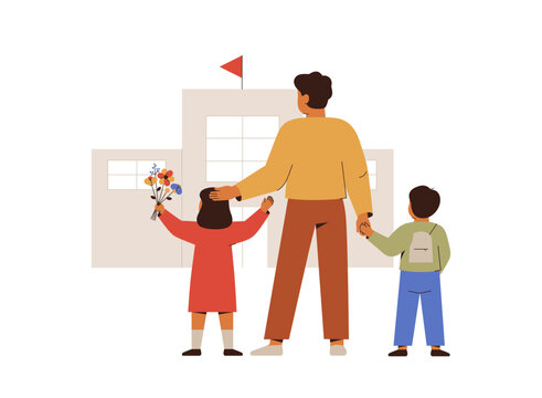 Back to school. Father with daughter and son at the first day of study year near school building. Dad and siblings with backpack and flowers walk to the class. Elementary education concept. Vector - Powered by Adobe
