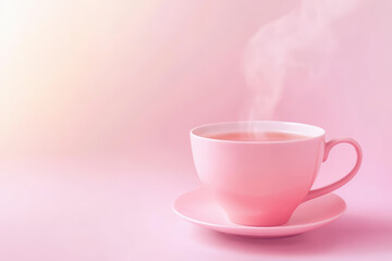 Fototapeta premium Steaming pink teacup on soft pastel background for tranquil morning