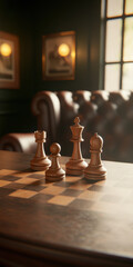 Chess pieces in a classic lounge setting with warm lighting and deep wood tones